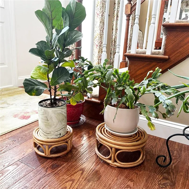 PORK-Boho 籐織りラウンド装飾ライザー プラントスタンド 屋内用 モダンプラントスタンド 籐ショートプラントスタンド 2パック