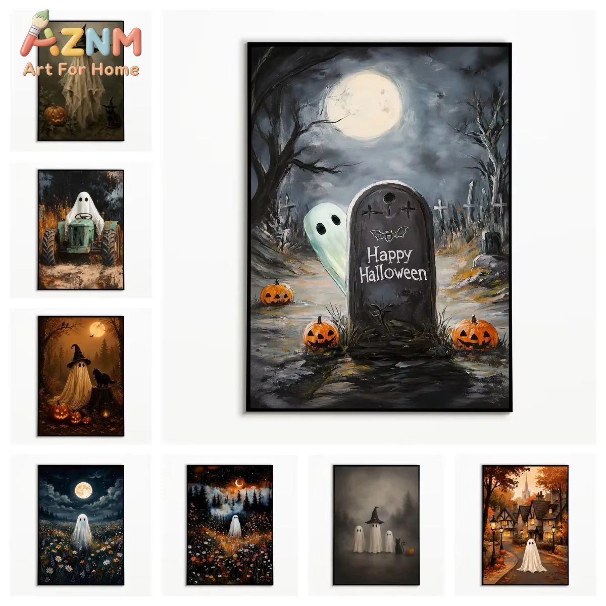 1PC Vintage Halloween Ghost Tombstone Poster Autumn Cemetery Pumpkins Wall Art Canvas Printing Festival Gift Fall Wall Decor