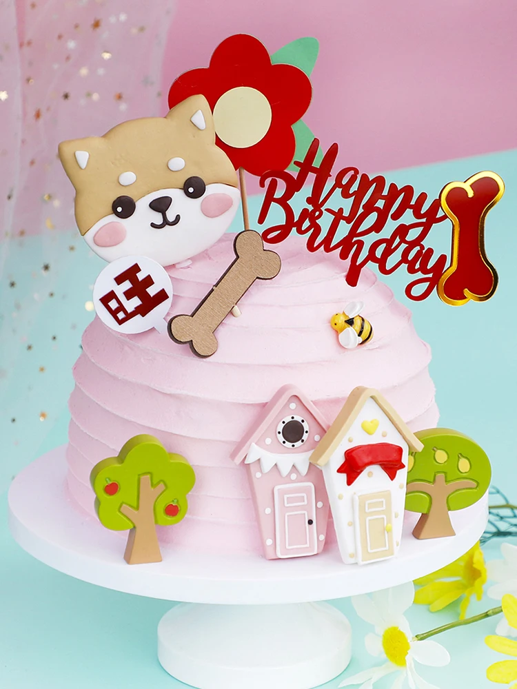 Pet Dog Cake Topper Super Cute Big-headed Shiba Inu Ancient Mu Fa Dou Pet Dog Hut Small Tree Dressup Baking Cake Decoration