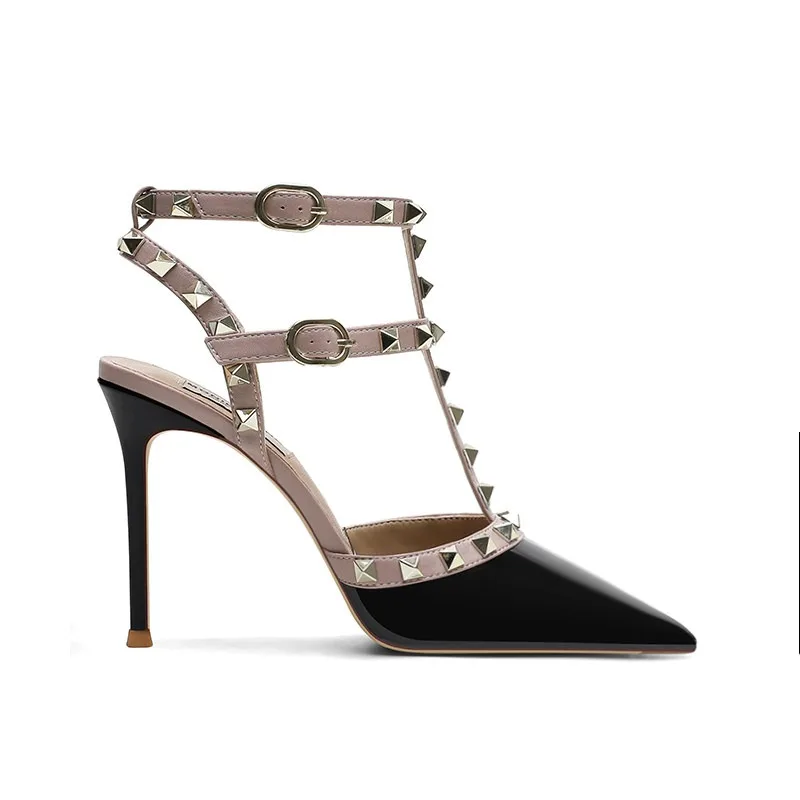 2026 New Summer Non tiring Foot Rivet Sexy High Heels Women's Thin Heels Pointed Willow Ding Temperament Headless Sandals