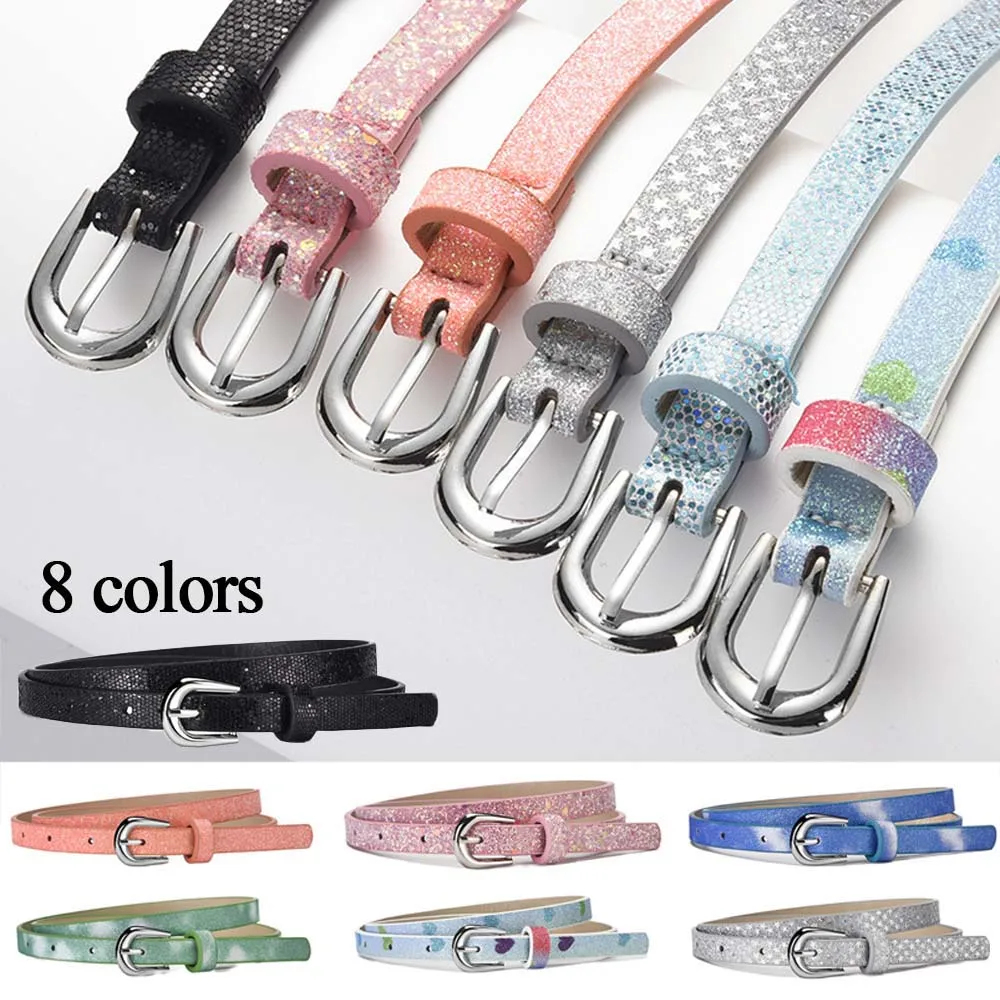 

Glitter Pu Leather Thin Belts For Kids Girls Boys Adjustable Metal Buckle Waist Belt Fashion Pants Jeans Decorative Waistband