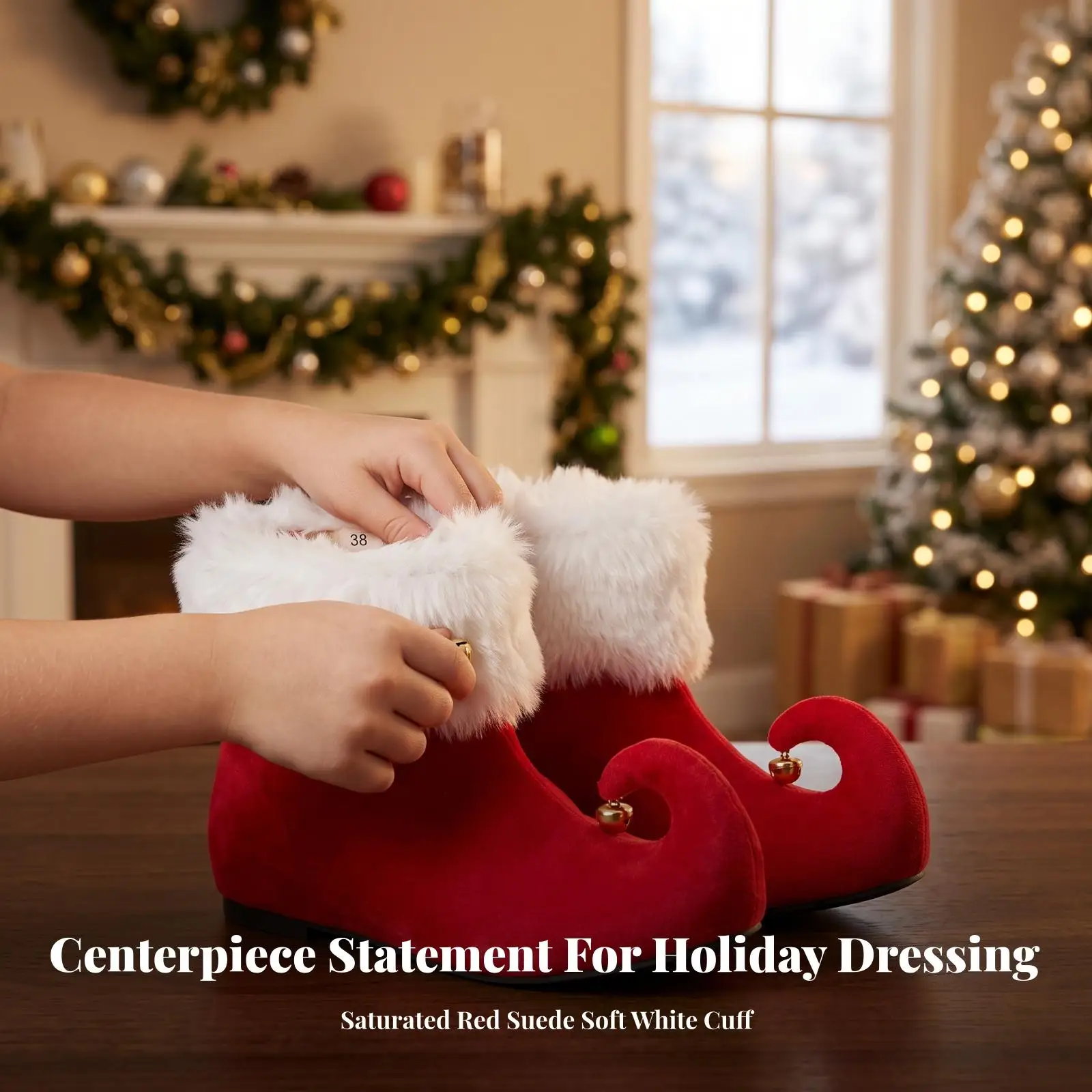 Santa Claus Shoes for Adults with White Fuzzy Cuff Red Upper Curled Pointed Toe Golden Bells Easy Pull on Christmas Boots
