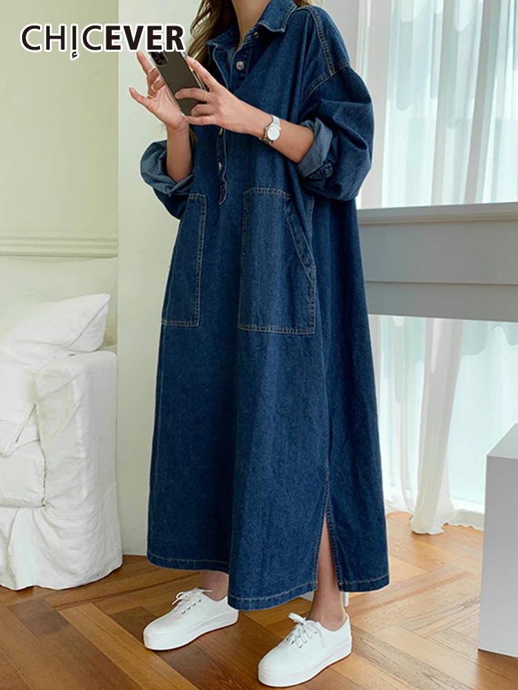 

CHICEVER Oversize Denim Dresses For Women Lapel Long Sleeve Patchwork Button Solid Straight Side Split Maxi Dress Female Autumn