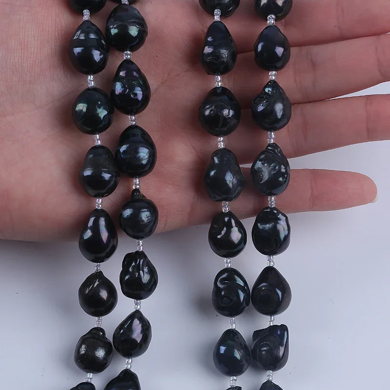 18cm short strands 13-14mm dyed black fireball shape baroque cultured freshwater pearl string