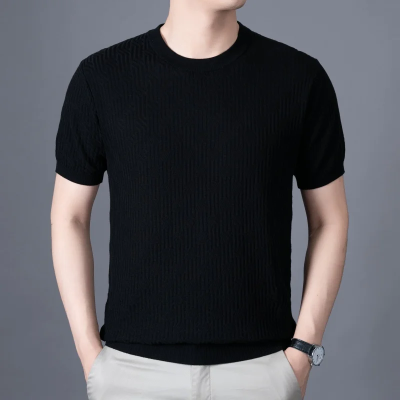 High Quality Man Plus Size Short-Sleeved T-Shirt Summer New Round Neck Jacquard American Style T-Shirt Knit Leisure Men's Tops