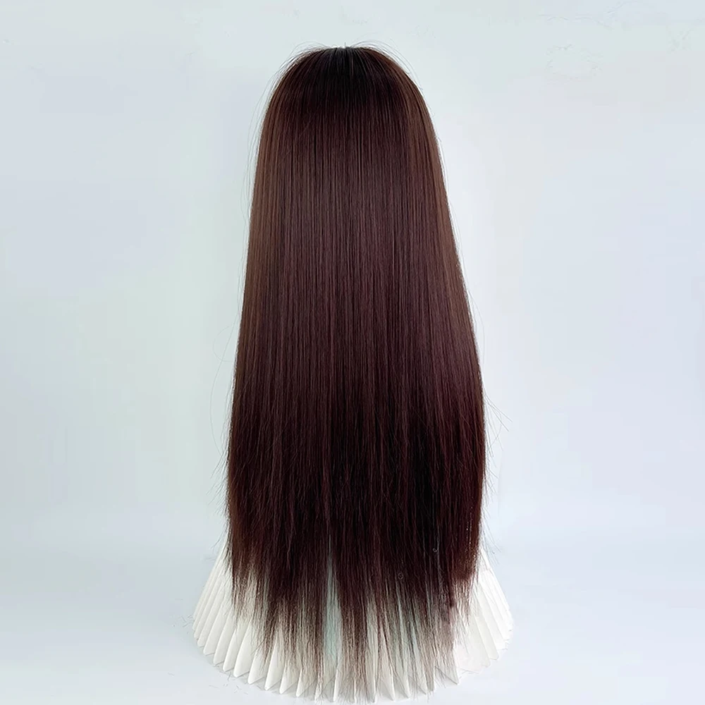 Peruca sintética marrom misturada com destaques verdes, peruca reta com franja para mulheres, cosplay diário, festa, lolita, cabelo falso realista