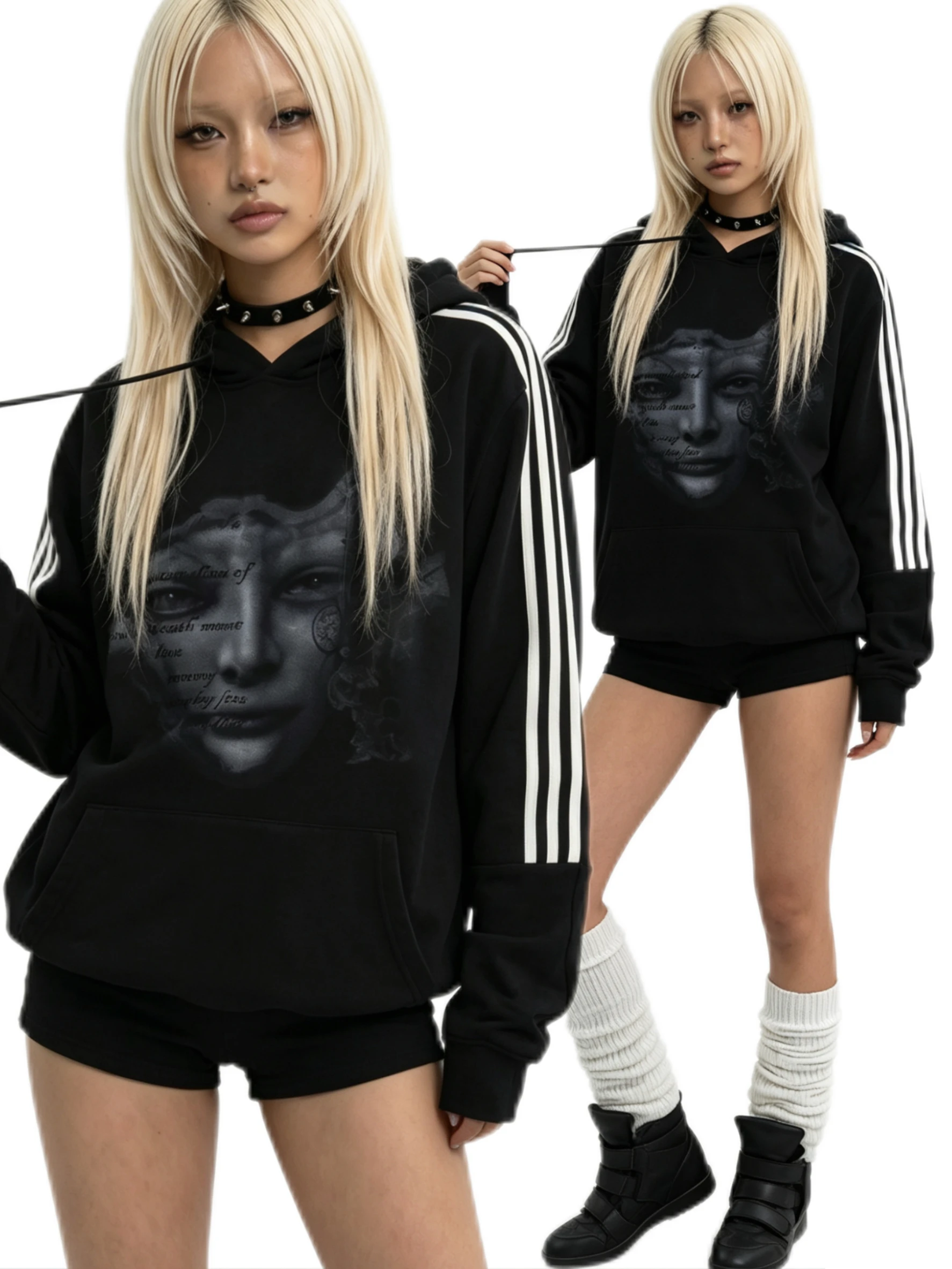 

Original Gothic Emo Dark Style Visual Black Hoodie Streetwear Standard Fit Polyester Fiber Student Friendly Mid-Length Coat