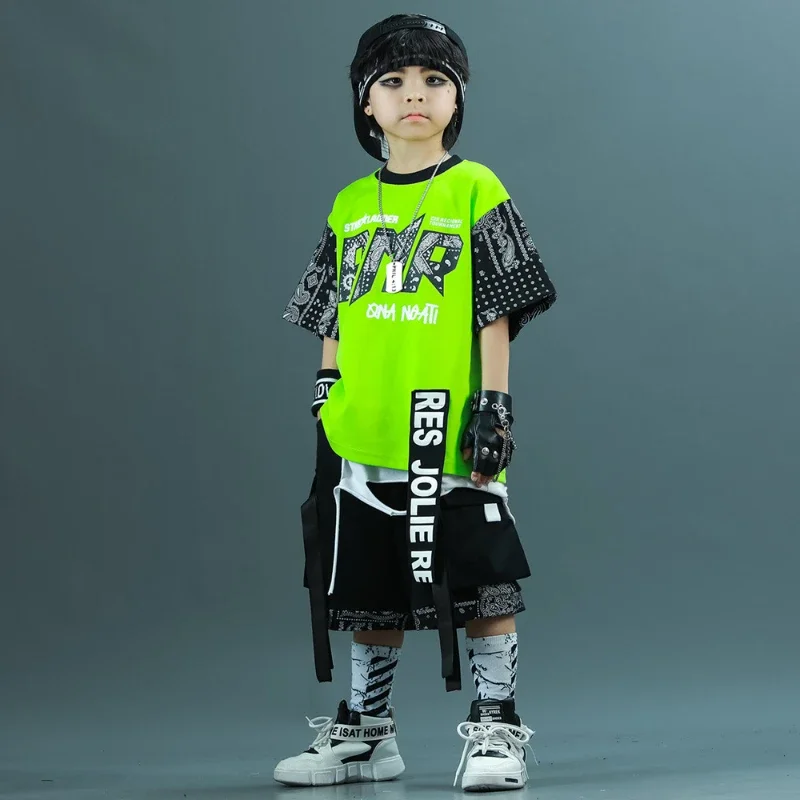 소년 힙합 streetwear 세트 녹색 짧은 소매 티셔츠 블랙 반바지 멋진 스트리트 댄스 의상 그룹 무대 공연 의류