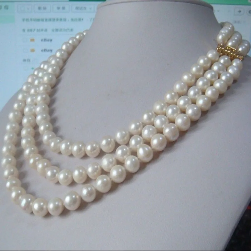 Hand knotted 3 rows necklace natural 7-8mm white freshwater pearl sweater chain nearly round pearl 17-19inch