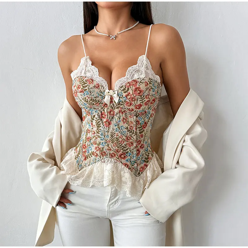 Seksowna Retro Koronkowa Koszulka na Ramiączkach z Kwiatowym Patchworkiem Damska Głęboki Dekolt V Boho Obcisła Wygodna Bluzka Bielizna Modna Odzież