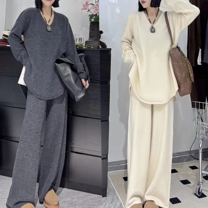 

2026 autumn and winter new knitted sweater V-neck sweater pendant wide-leg pants two-piece set apricot black