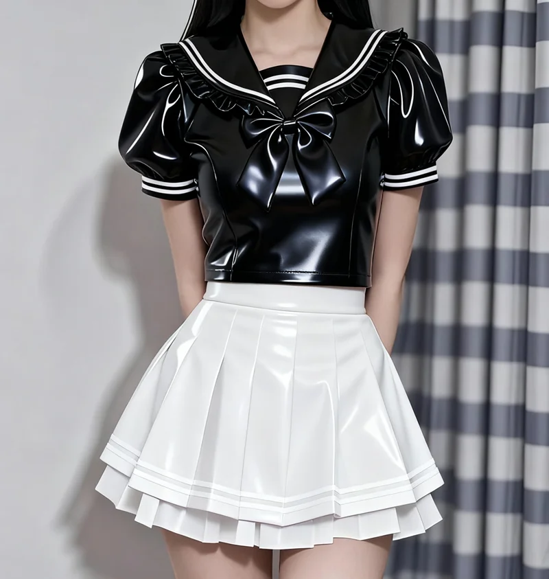 

Schwarz Latex Rubber Gummi Cosplay Dress Kleid with Switches 0.4mm Top And Short Skirt for Halloween Or Party