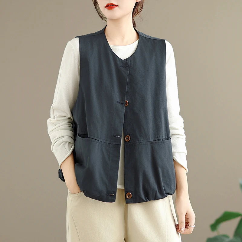 Women's Loose Fit Sleeveless Vest Outerwear Organic Cotton Inner  Plain Color Button up Style Versatile Fashion Top