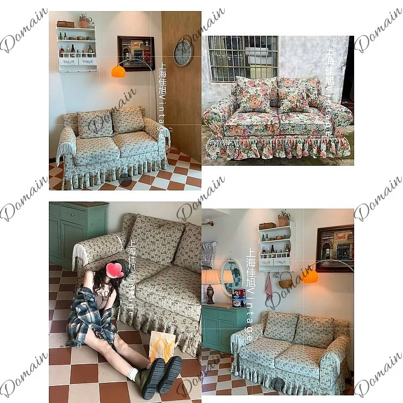 French Romantic Vintage Rose Fabric Sofa American Countryside Peony Floral Ruffle Double Seat Photography Prop