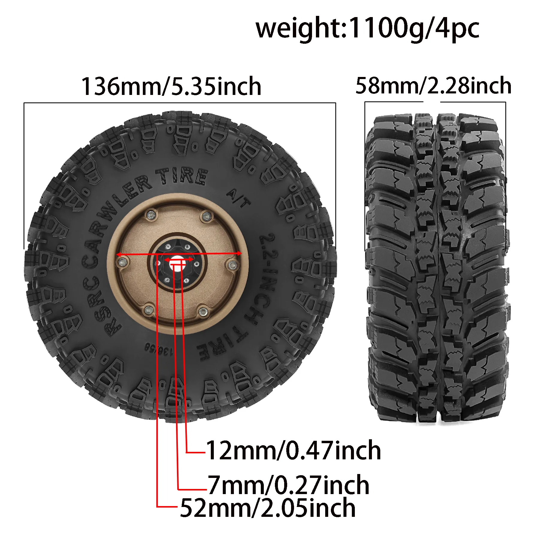 Pneumatici per imbracatura di fango 2.2 e ruote Beadlock 2.2 Cerchi esagonali da 12 mm per Axial Capra Wraith/Traxxas TRX4 / Gen8 Everest gen 7 Pro