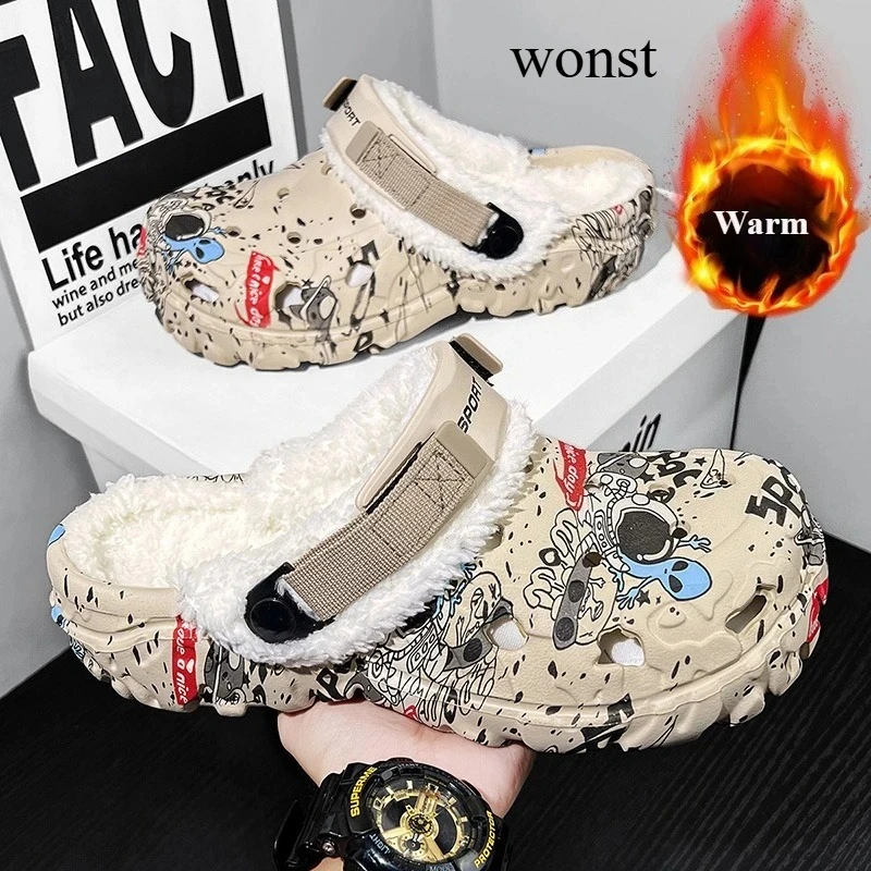 

Mens Winter Warm Slippers Soft Indoor Women Slippers Summer Removable Sandals Men Non Slip Plush Fur Clogs Big Size Slippers 47