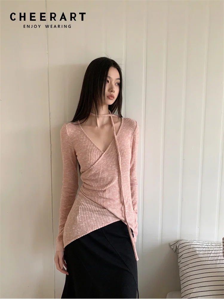 CHEERART Autumn Rib V Neck Long Sleeve Top And Blouse Women Pink Knitwear Ribbon Slim Fit Blouse Casual Top Clothing