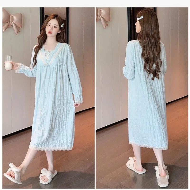 M-5XL Princess Style Cloud Cotton Pajamas Dress Women Large Size Spring Autumn Mid Nightgown with Chest Pads Loungewear Outwear