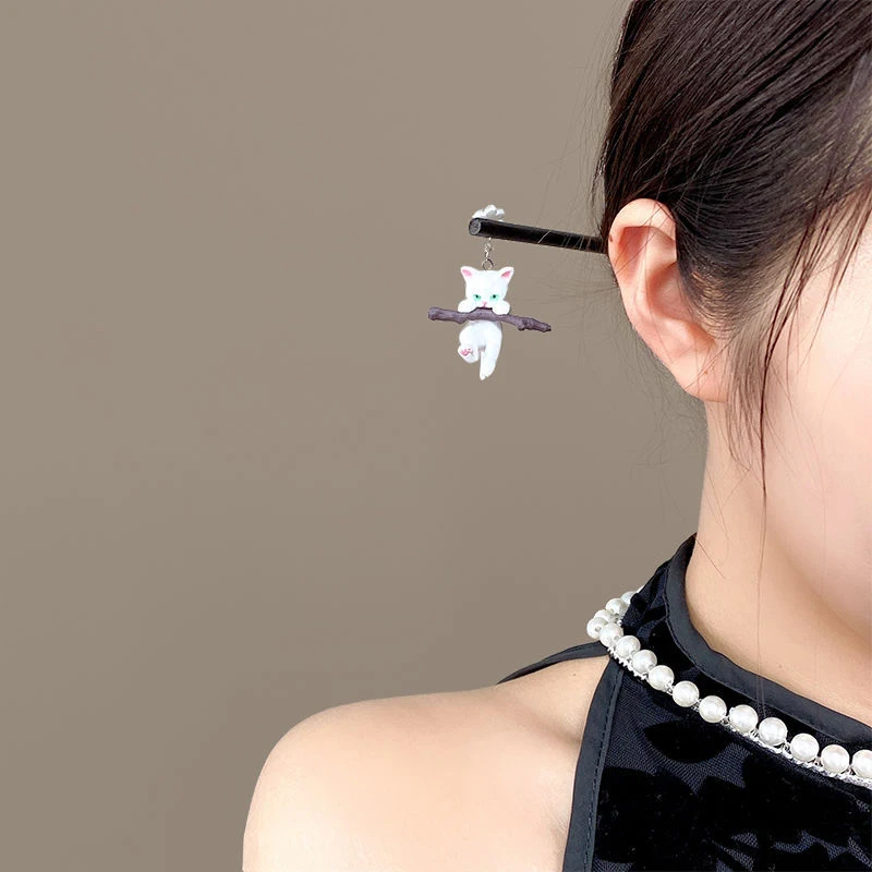 1 قطعة 17 سنتيمتر الأبنوس الأسود خشبية الشعر العصي النساء النمط الصيني لطيف القط قلادة خمر دبوس الشعر Hanfu تشيباو أغطية الرأس #4