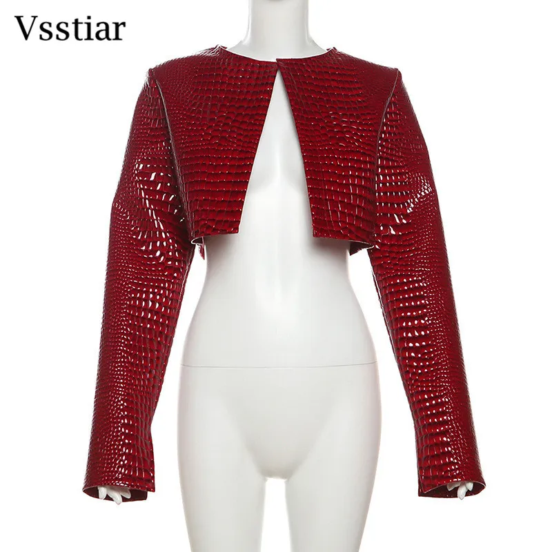 Vsstiar 2024ฤดูใบไม้ร่วงฤดูหนาวผู้หญิงPUหนังFaux Croppedแจ็คเก็ตOคอยาวแขนยาวPunk Grungeเสื้อลําลองHarajuku Y2Kเสื้อผ้า