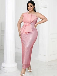 Elegant Pink Evening Dresses Plus Size Off Shoulder Sleeveless Sequins Ankle-Length Bodycon Long Prom Party Gowns for Women