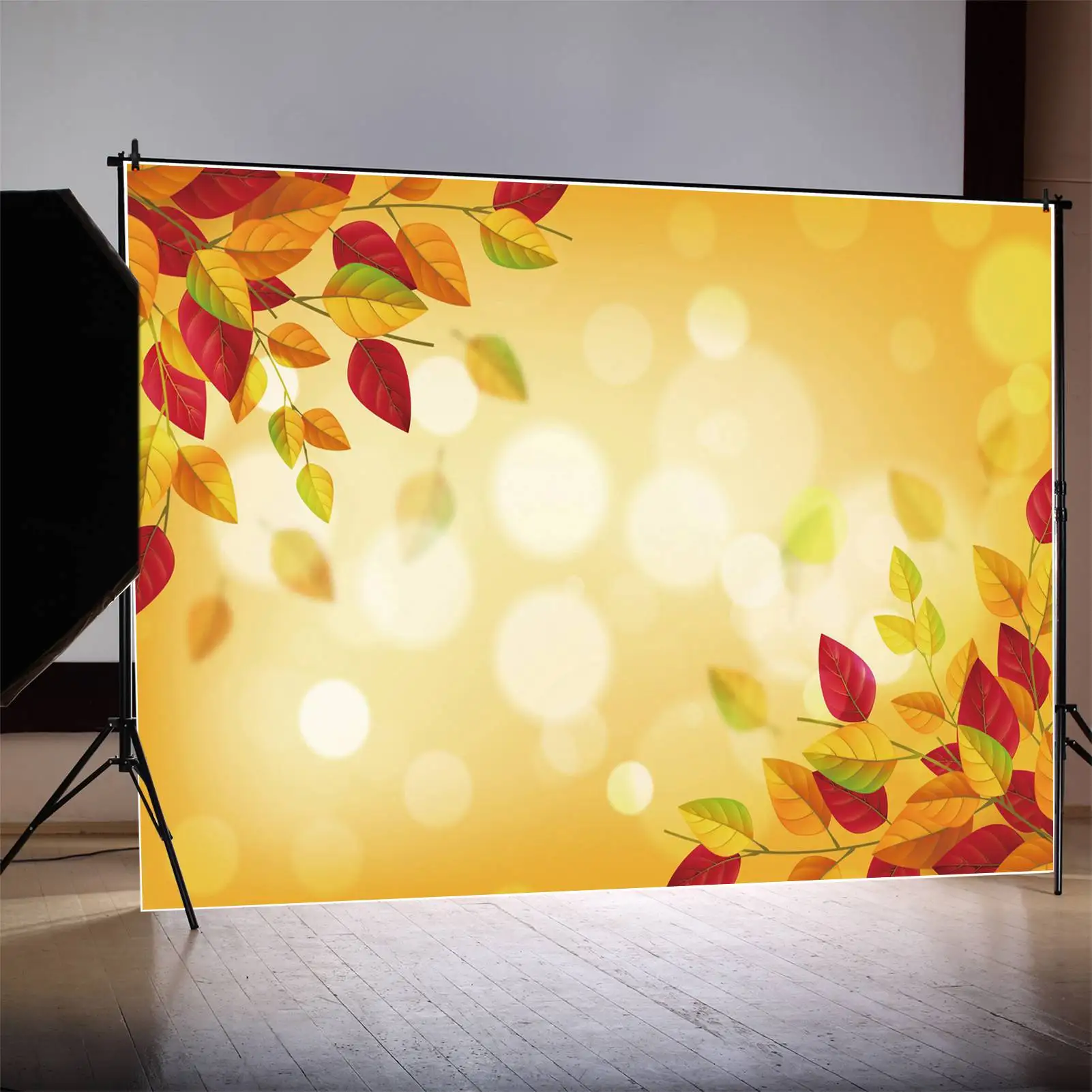 MOON.QG Backdrop Gold Light Bokeh Autumn Leaves Wall Background for Product Photography Customized Birthday Party Decorations