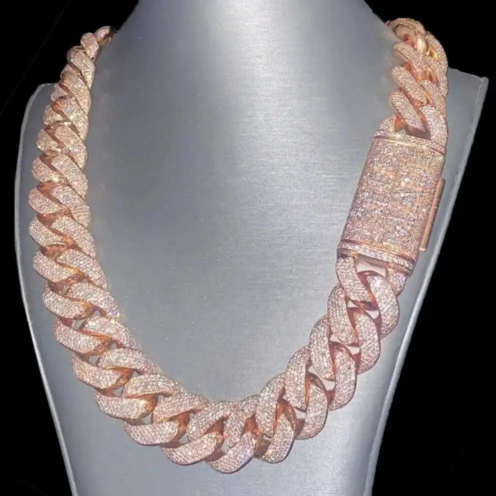 Heavy Miami Cuban Link Chain VVS Moissanite 925 Rose Gold Plated Iced Out Moissanite Cuban Link Chain