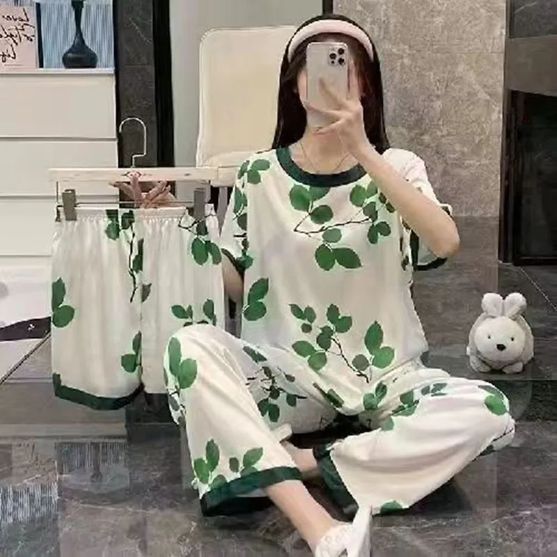 Milk Silk Pyjamas Female Green Leaves Cartoon Sweet and Lovely Three-Piece Ladies Homewear Sets Large Size Silk