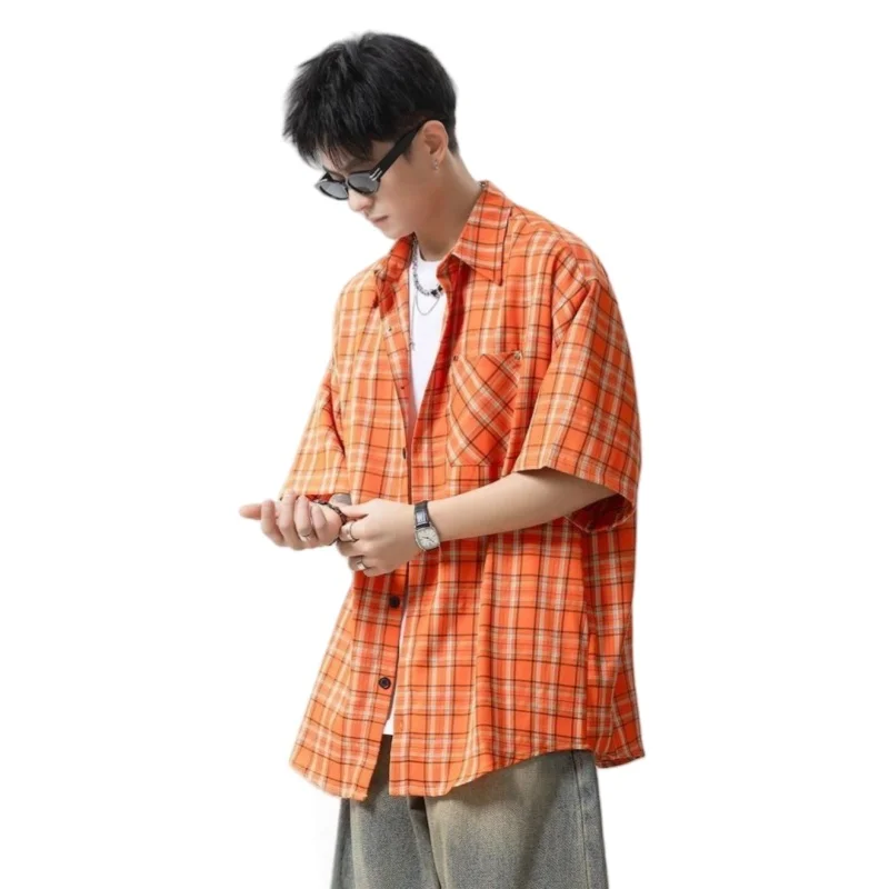 Summer Men's American Retro Orange Checkered Short Sleeve Shirt High Street Fashion Loose Casual Half Sleeve Sunscreen Shirt