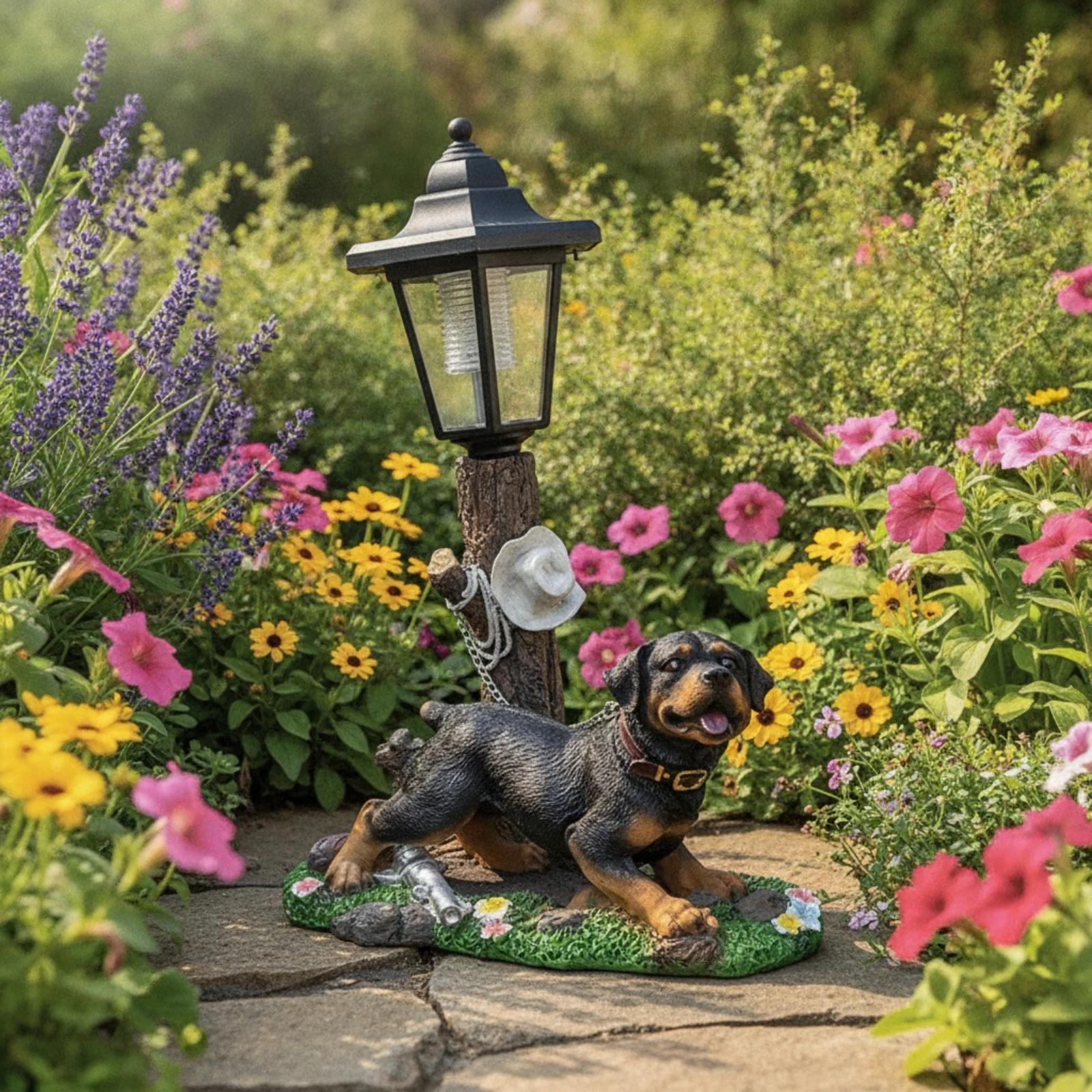 Dog Statue with Solar Lantern Sturdy Solar Light with Dog Figurine Garden Statue with Lantern Rustic Yard Ornament Year-Round