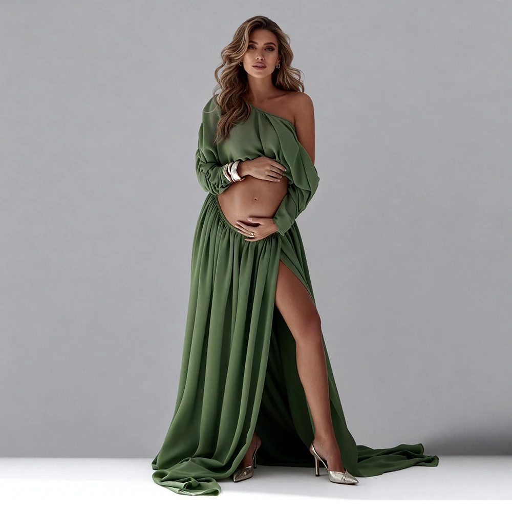 

Maternity Photoshoot Dresses Olive Green One-Shoulder Long Sleeve Dress for Pregnant Women Pregnant Clothes Woman YW260317D