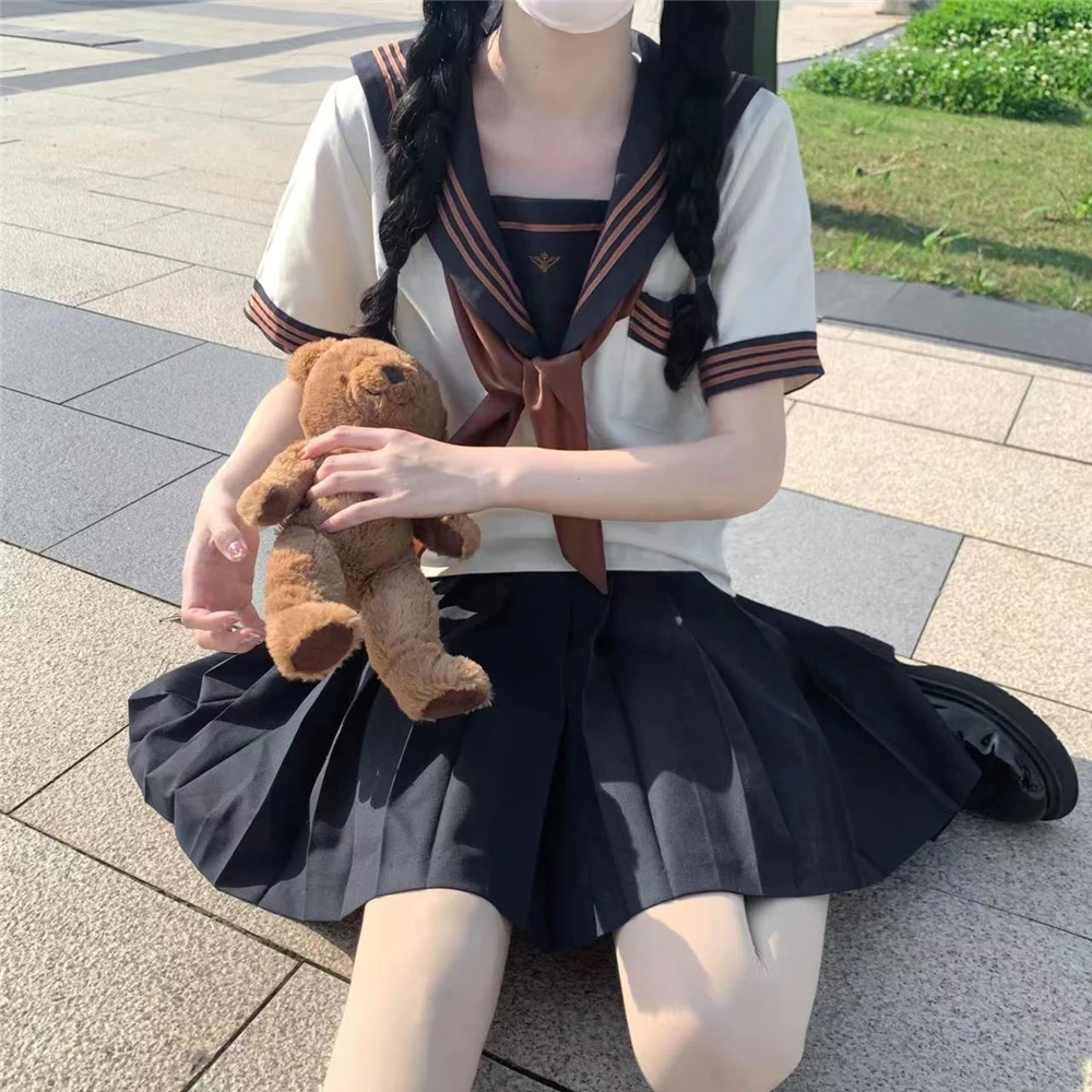 Japanese School Uniform JK Uniform Girl S-XXL Navy JK Brown Scarf College Suit Sailor Costume Women Sexy Shirt Pleated Skirt