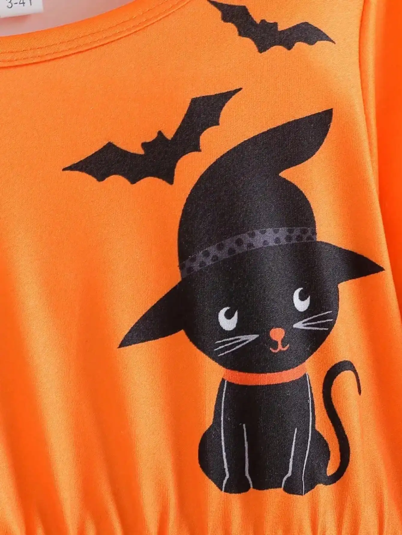 Halloween-Kleid für Kinder mit Katzenmuster, bequem, mit Rundhalsausschnitt, langen Ärmeln und einem Netzstoff-Ausschnitt an der Taille. – Detail 7