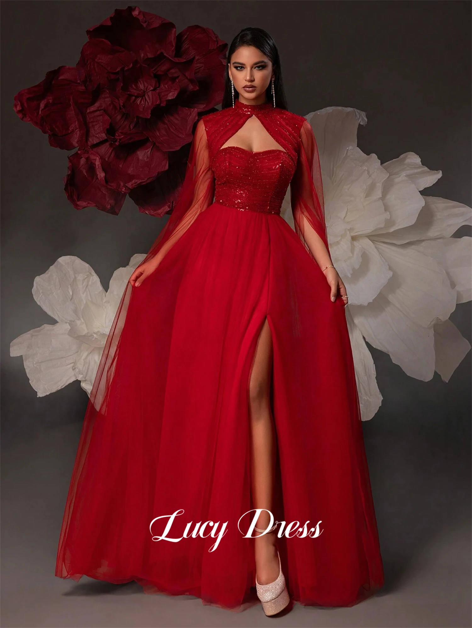 Lucy Ball Gown Line A Shiny Fabric Graduation Mesh Shawl Deep Red Party Dress Long Dresses With Sleeves Evening Customized