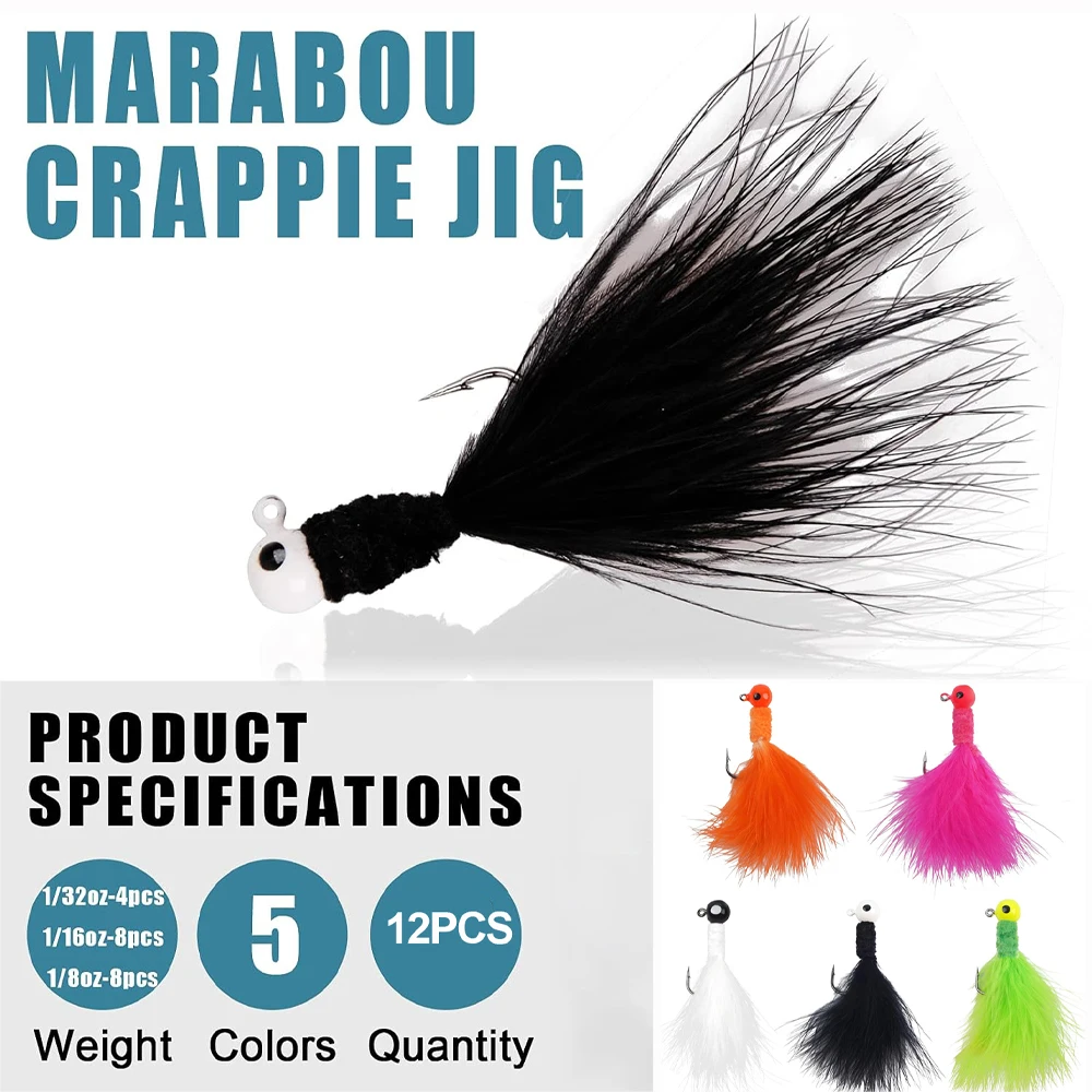 12Pcs Jig Heads for Fishing Crappie Jig Marabou Feather Jig Lures Fly tying Fishing Hooks Hair Jig Bait for Bass Trout Panfish