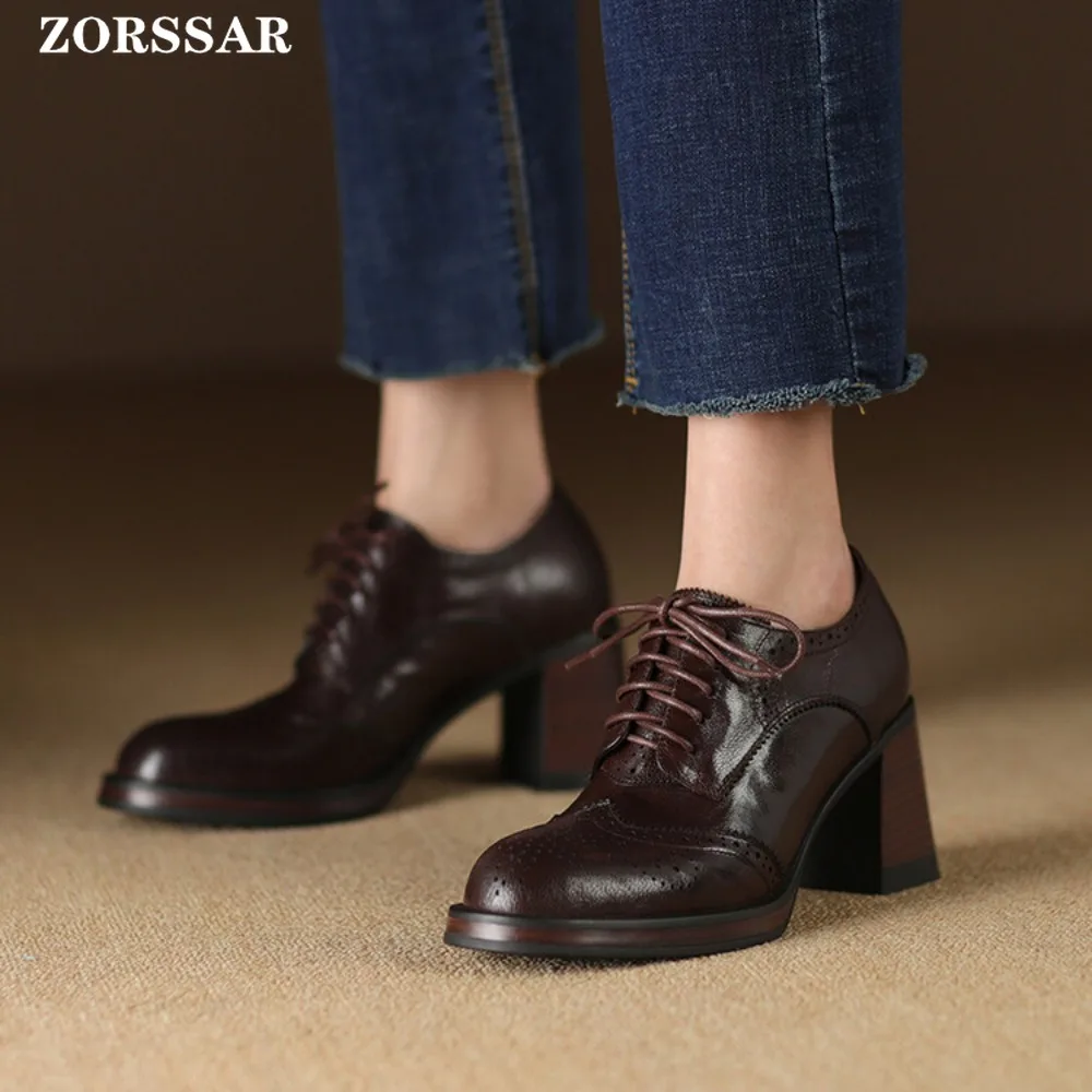 Women\'s Pump Shallow Brogue Shoe Vintage Chunky Heel Cut Out Oxford Shoes Woman Lace Up Female Fashion Elegant Ladies Short Boot