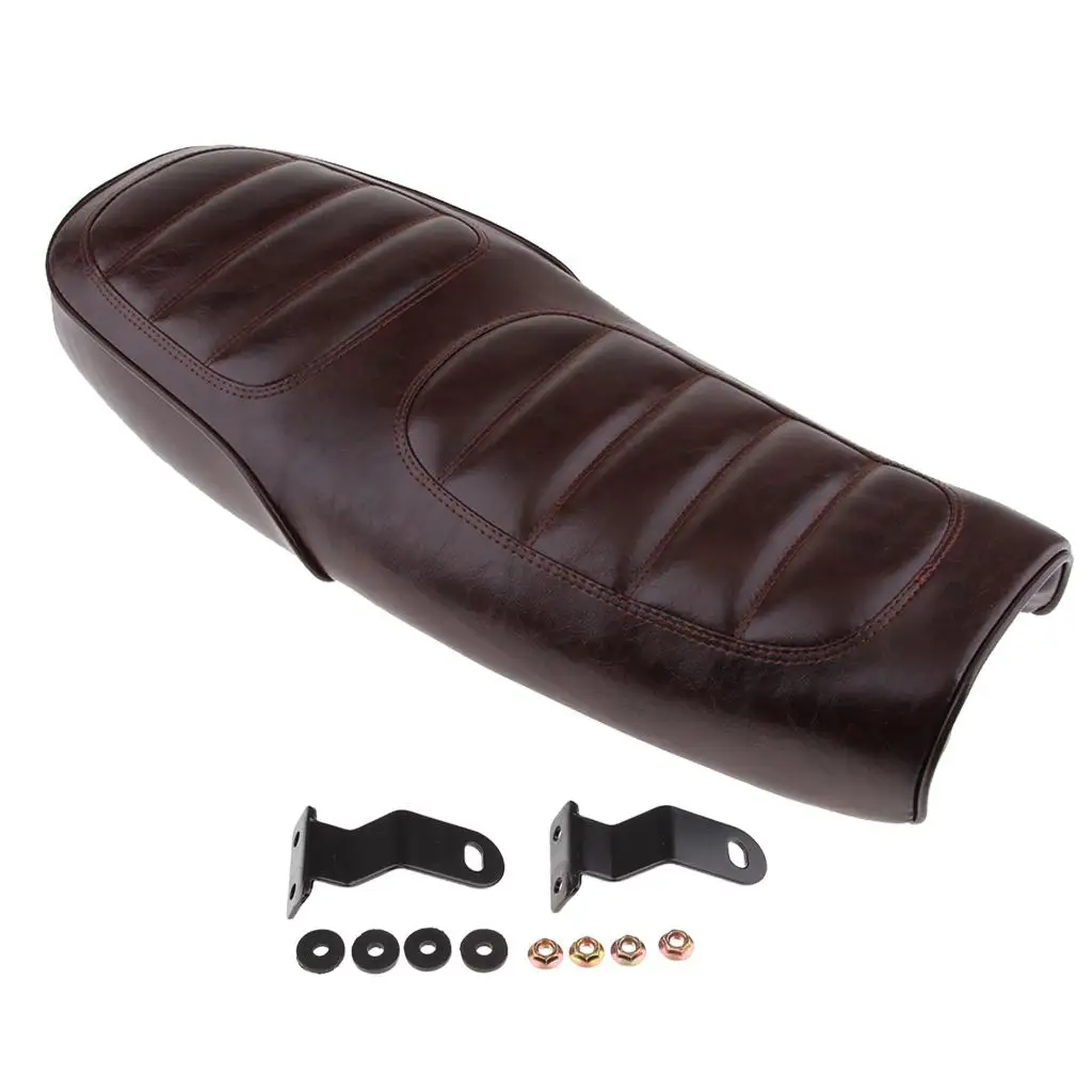 Universal 64cm Retro Cafe Racer Seat Brown Flat Leather Motorcycle Saddle Cushion for Custom Vintage Bike Modifications