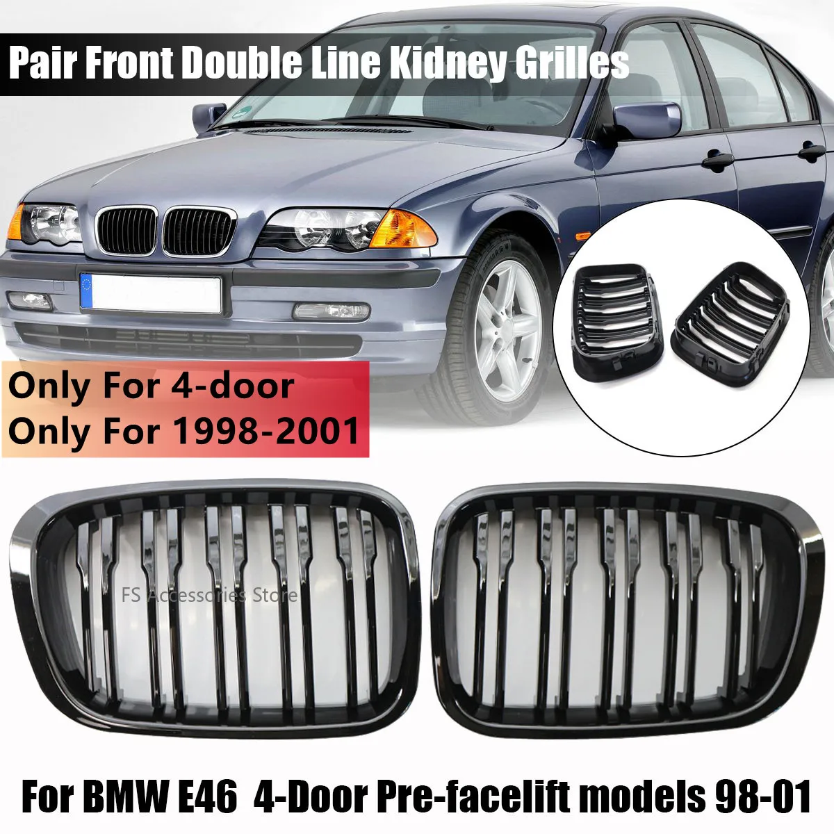 Pair Gloss Black Front Double Line Kidney Grilles For BMW E46 4-Door Pre-facelift 1998 1999 2000 2001 Front Kidney Racing Grills