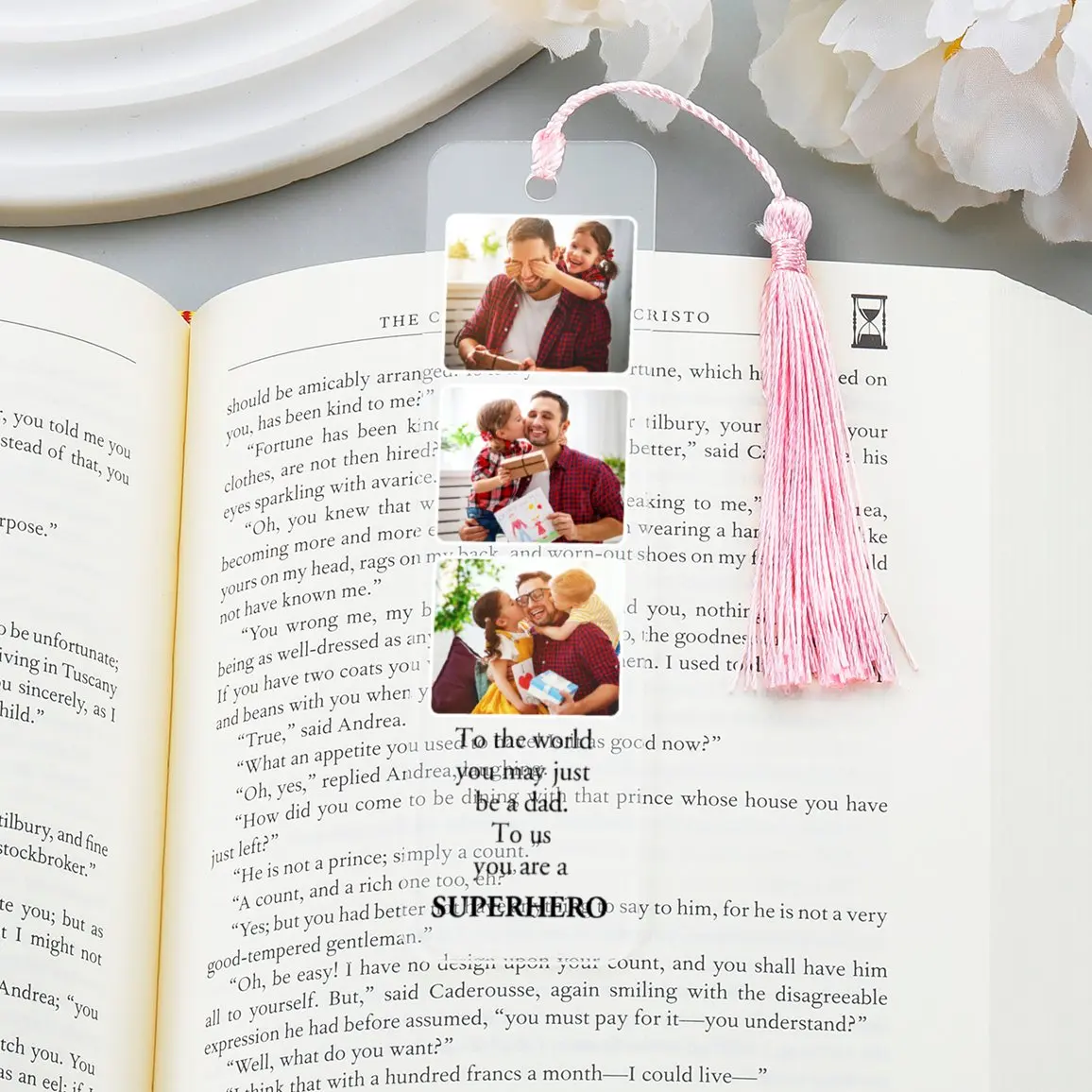 

Custom 3 Photos Text Bookmark Acrylic Bookmarks Gifts for Mom Dad Papa for Mother's Day Father's Day Book Mark with Tassel