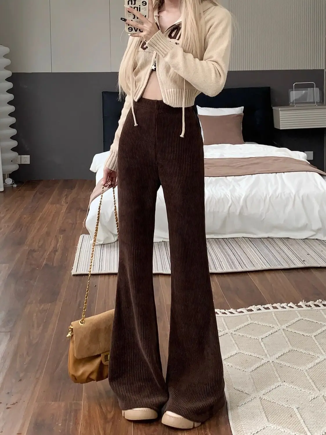 Corduroy Wide Leg Pants High Waist Slimming Casual Trousers Hong Kong Style Women's Autumn Winter Fashion Suits Micro Flared ...