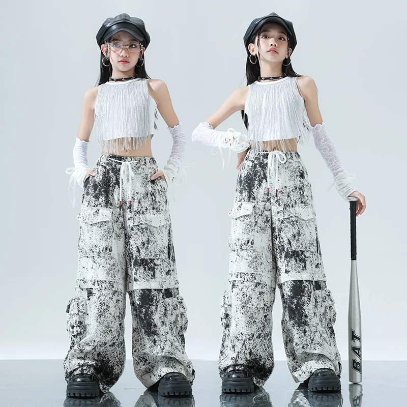 

Kpop костюмы для девочек, одежда для групп, одежда для джазовых танцев, жилет с кисточками, брюки-карго, костюм в стиле хип-хоп, одежда для подиума, DQL10278