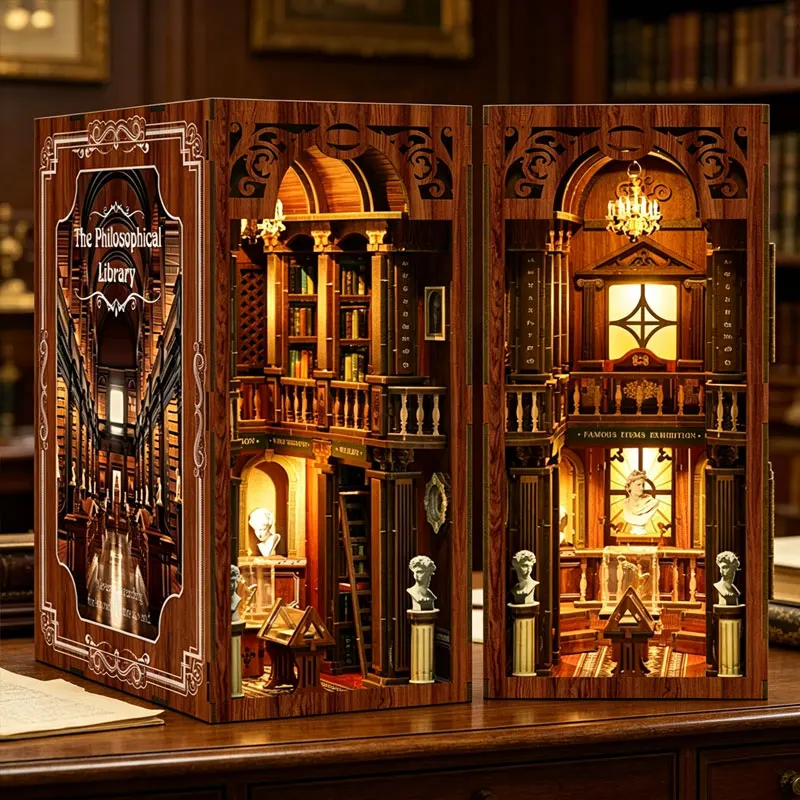 

Zuuton Philosophical Library Book Nook DIY Wooden Miniature Kit LED Light 3D Puzzle Double Sided Bookshelf Insert Bookend Decor