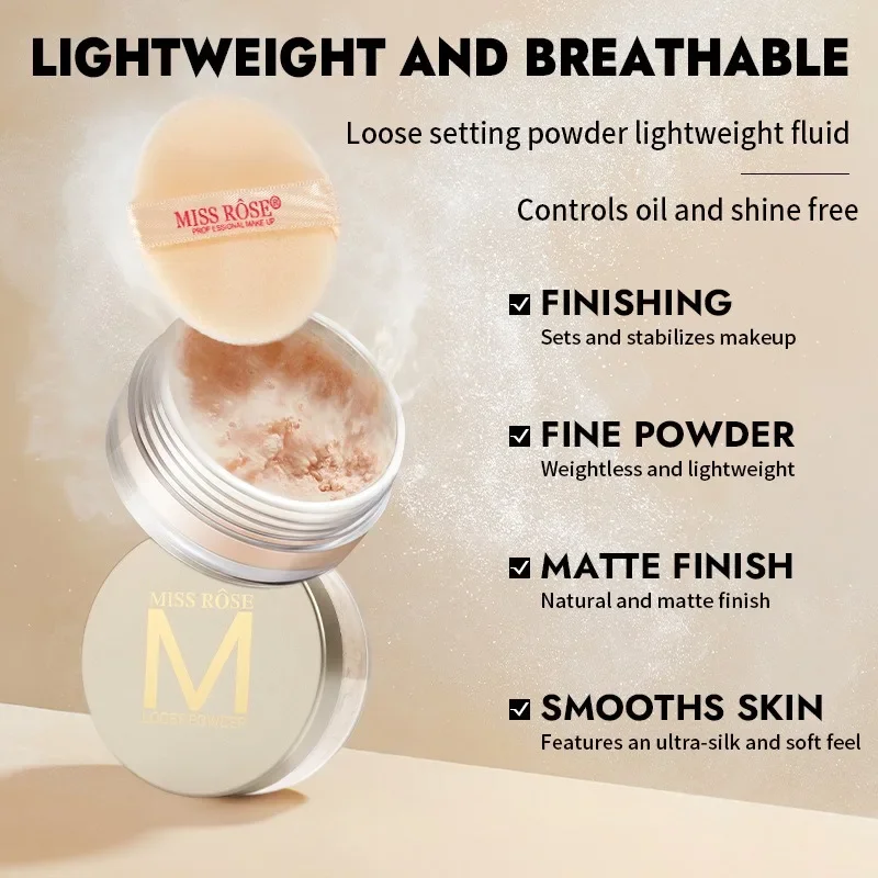 MISS Rose-Translucent Loose Setting Powder, Oil Control, Long Lasting, Lightweight, No Cakey Pores and Redness, Makeup