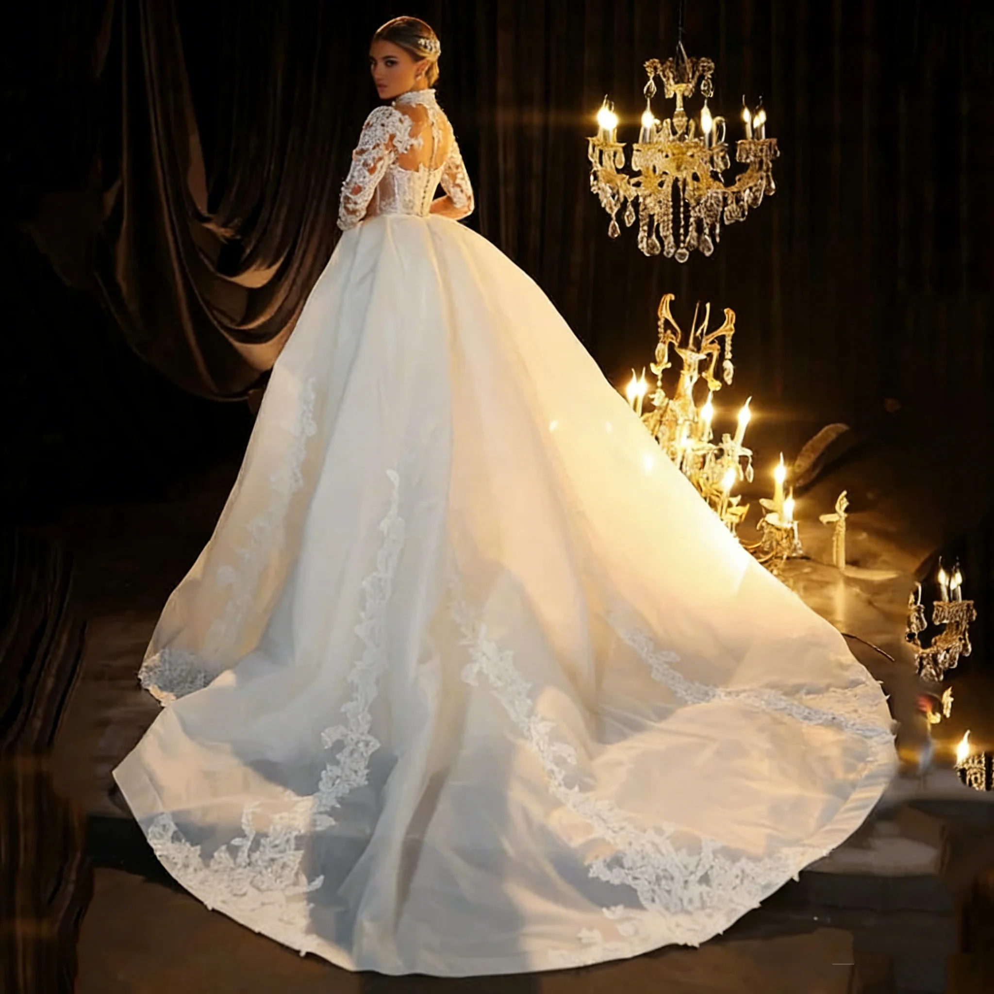 2026 Luxury High Collar Mermaid Wedding Dress Lace Decal Long Sleeve Ball Dress Detachable Sweeping Train Bridal Dress