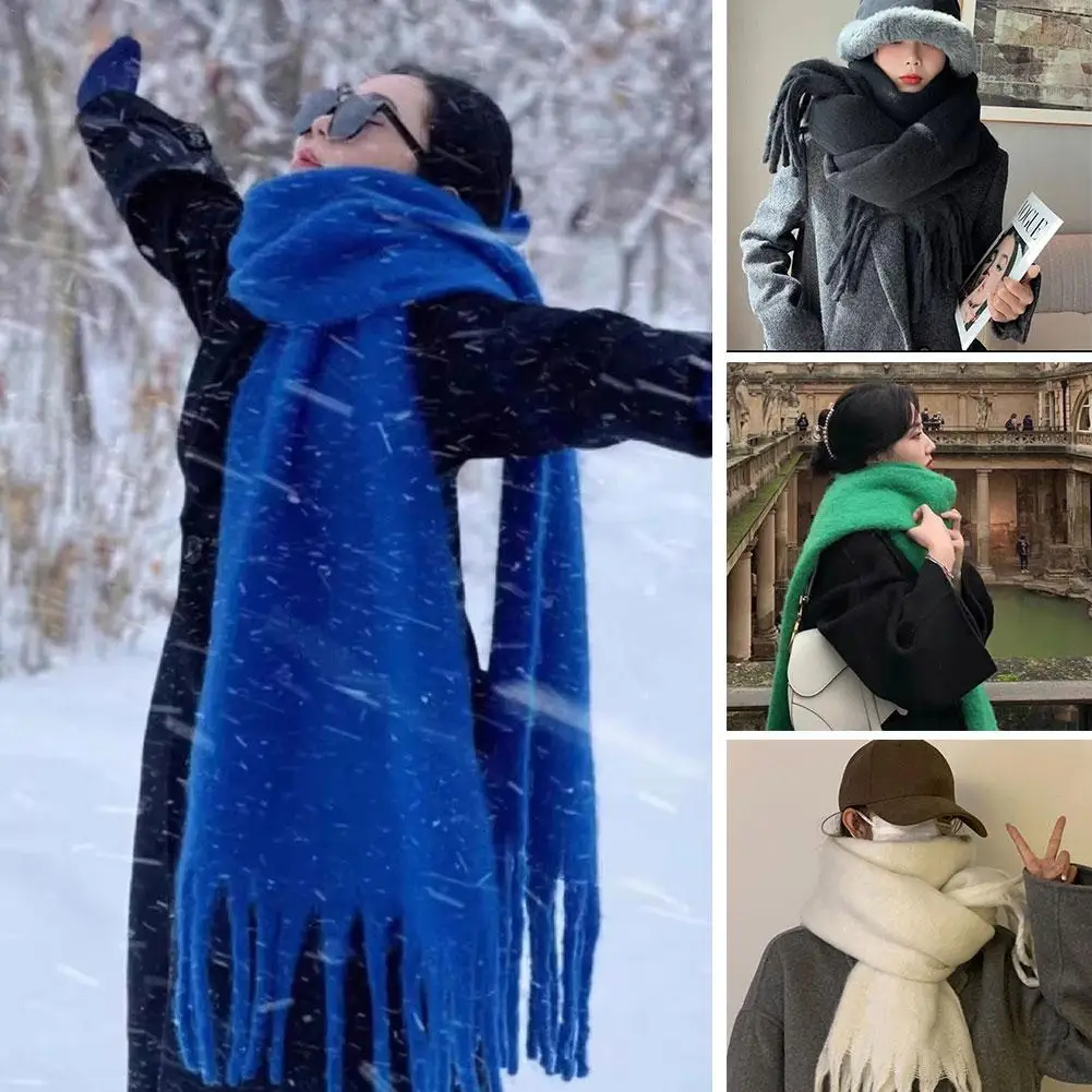 

Однотонный мохеровый шарф для женщин, толстая теплая зимняя шаль в корейском стиле, универсальный осенне-зимний модный аксессуар в подарок