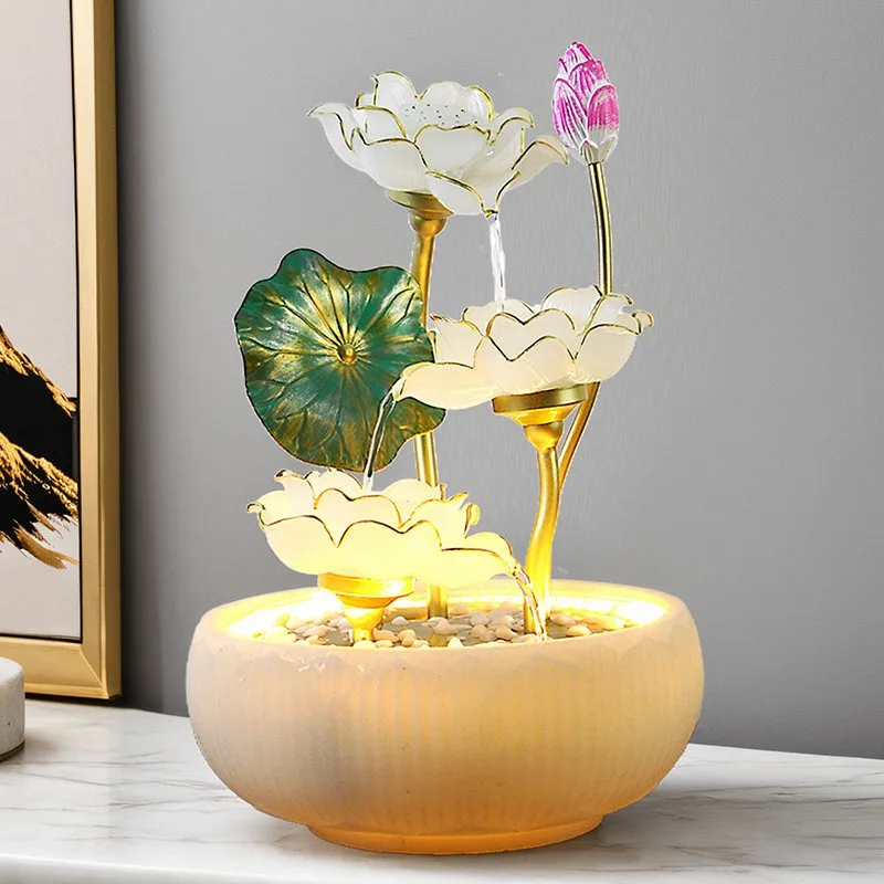 New Chinese Style Mini Lotus Water Fountain Zinc Alloy Eco Friendly Desktop Ornament For Office Home And Business Decor