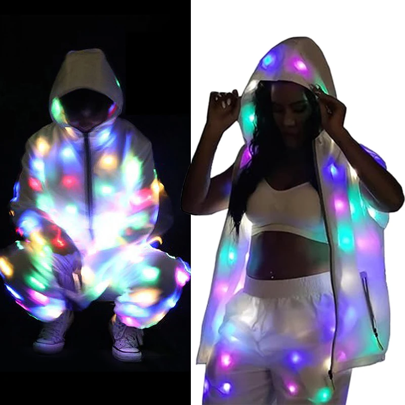 Fajne ubrania z oświetleniem LED, świecąca męska kurtka, kamizelka w stylu cyberpunk, strój rave dla kobiet, kostium LED do nocnego biegania.