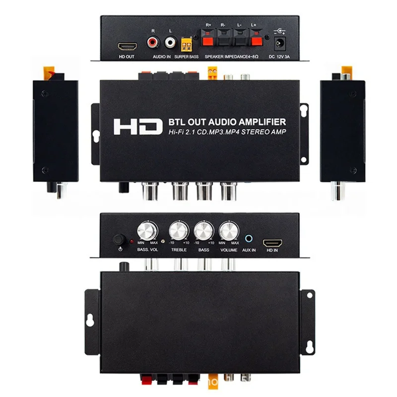 FFYY-Audio Amplifier 2.1CH HI-FI 160W+ 80W Bluetooth Compatible Via RCA AUX Bass/Treble Control For Home/Car Outdoor