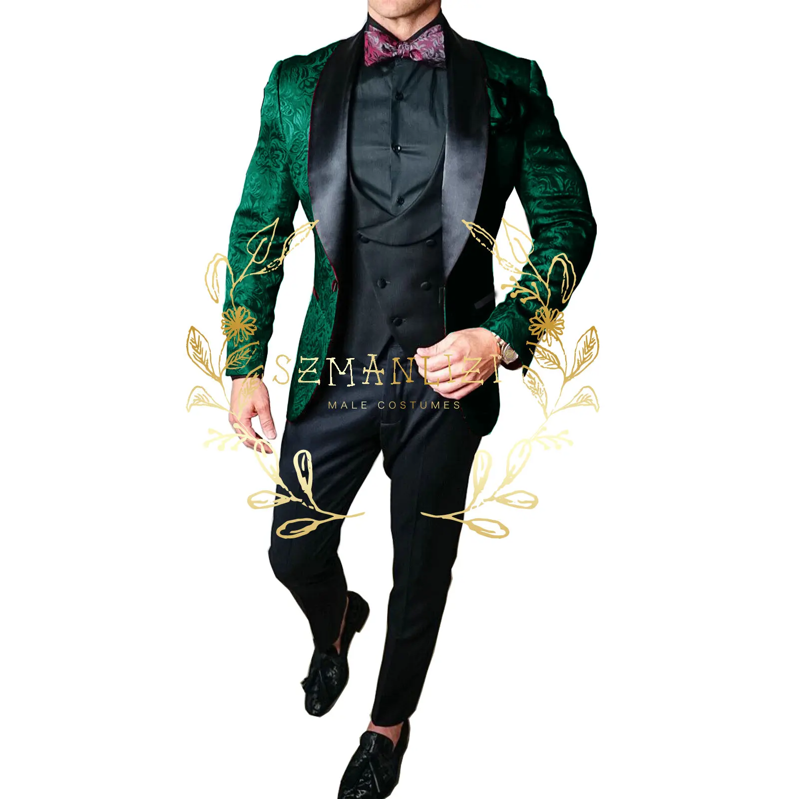 

Mens Wedding Suits 2024 Handsome Design Custom Made Green Floral Smoking Tuxedo Jacket 3 Piece Groom Terno Suits For Men