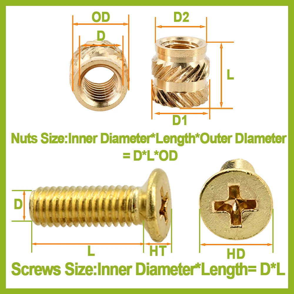 M2 M2.5 M3 M4 M5 Brass Phillips Countersunk Head Screws Brass Thermal Fusion Knurled Threaded Inserts Nuts Bolts Combination Kit